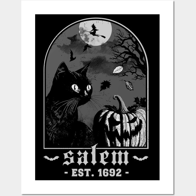 Salem 1692 - Black Cat Pumpkin - Retro Vintage Halloween Wall Art by OrangeMonkeyArt